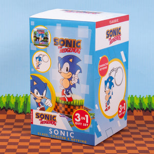 Sonic Glas mit Untersetzer und Schlüsselanhänger im Set