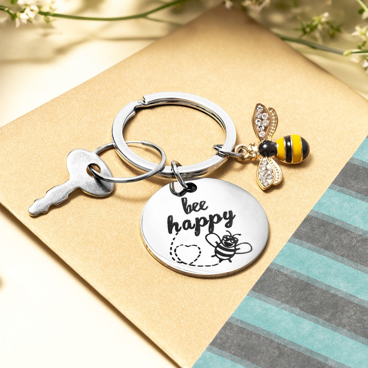 Bee Happy Schlüsselanhänger Bienen Glücksbringer für den Schlüsselbund