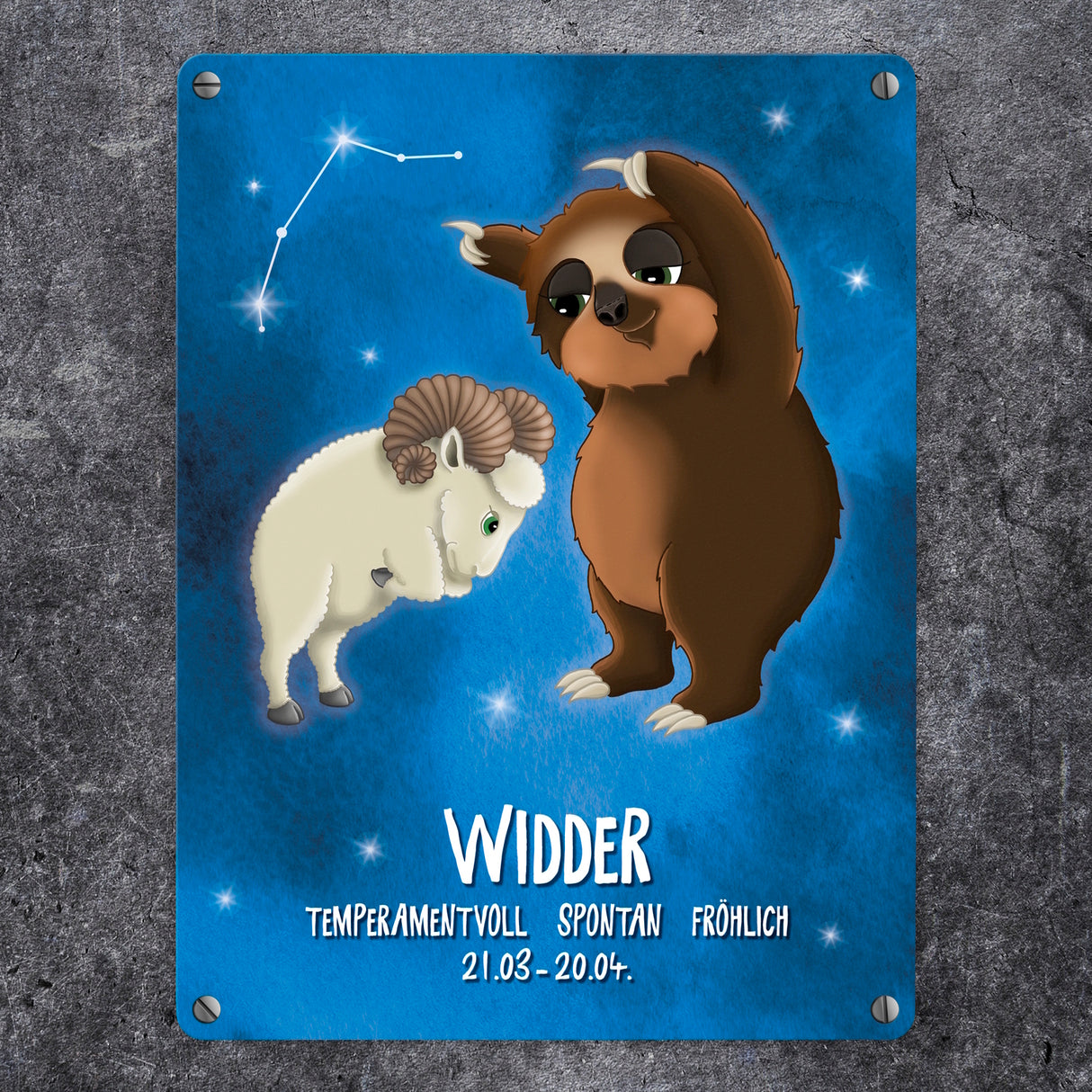 Metallschild mit Faultier Sternzeichen Widder Motiv