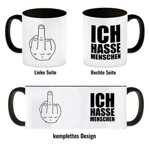 Kaffeebecher mit Mittelfinger Motiv und Spruch: Ich hasse Menschen