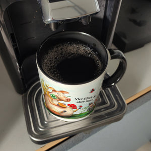 Kaffeebecher mit Glücksschwein Motiv und Spruch: Viel Glück und alles Gute!