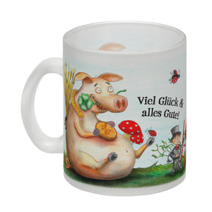 Kaffeebecher mit Glücksschwein Motiv und Spruch: Viel Glück und alles Gute!