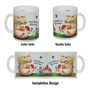 Kaffeebecher mit Glücksschwein Motiv und Spruch: Viel Glück und alles Gute!