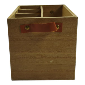 Vintage Retro Besteckkorb aus Holz mit Ledergriff