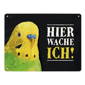 Metallschild mit Wellensittich grün Motiv und Spruch: Hier wache ich!