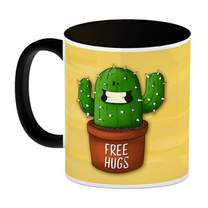 Kaffeebecher mit freundlicher Kaktus Motiv und Spruch: Free Hugs