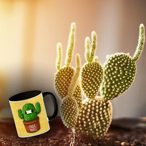 Kaffeebecher mit freundlicher Kaktus Motiv und Spruch: Free Hugs