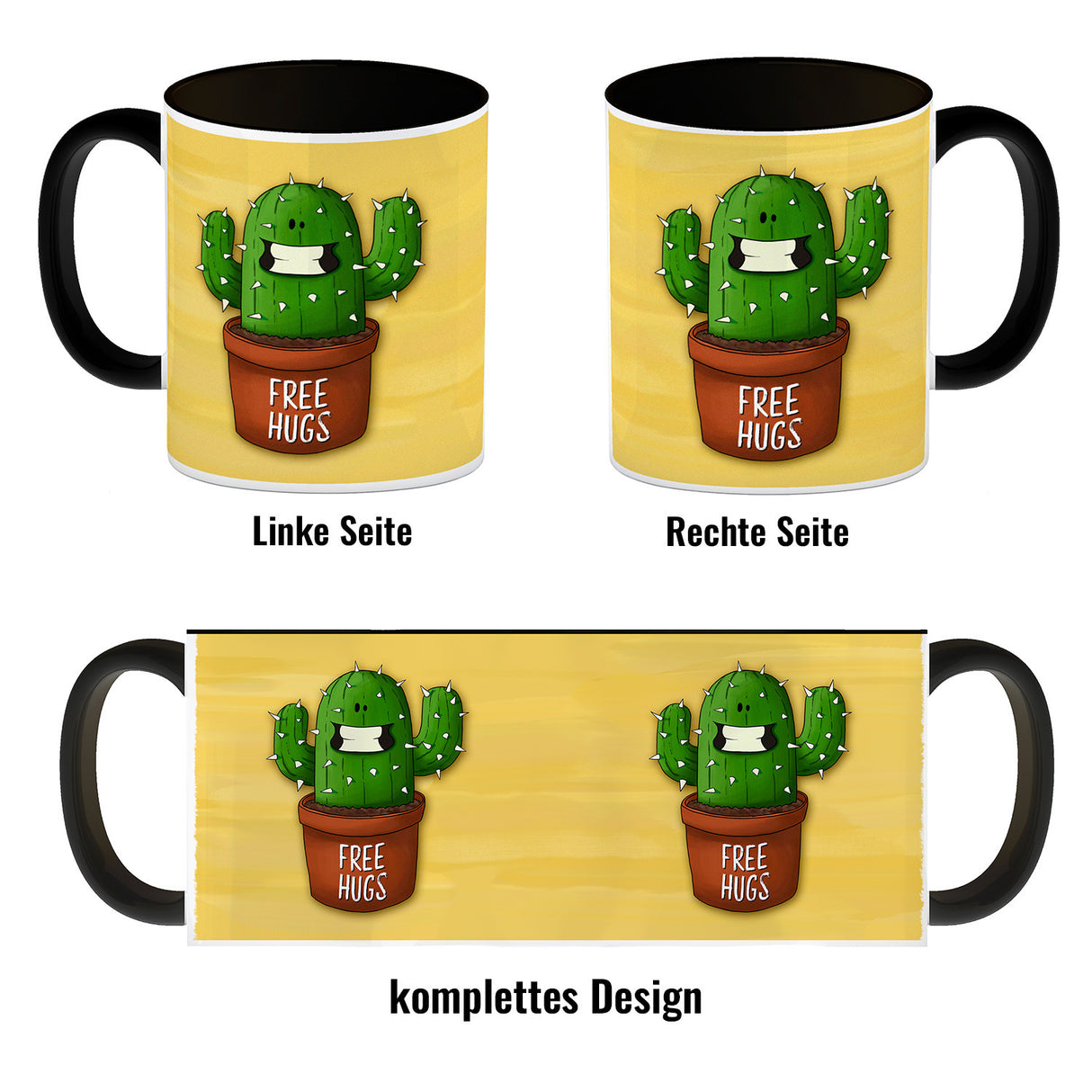 Kaffeebecher mit freundlicher Kaktus Motiv und Spruch: Free Hugs