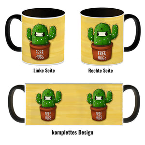 Kaffeebecher mit freundlicher Kaktus Motiv und Spruch: Free Hugs