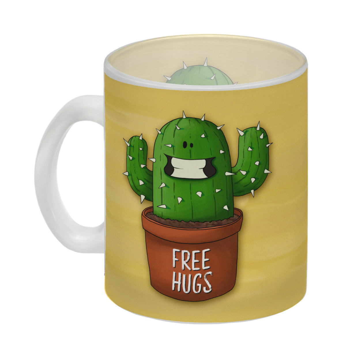 Kaffeebecher mit freundlicher Kaktus Motiv und Spruch: Free Hugs