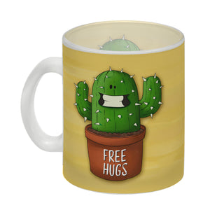 Kaffeebecher mit freundlicher Kaktus Motiv und Spruch: Free Hugs