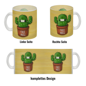 Kaffeebecher mit freundlicher Kaktus Motiv und Spruch: Free Hugs