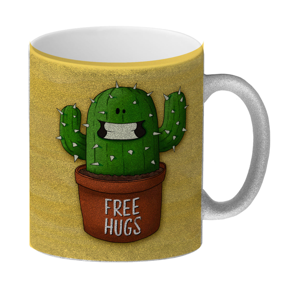 Kaffeebecher mit freundlicher Kaktus Motiv und Spruch: Free Hugs