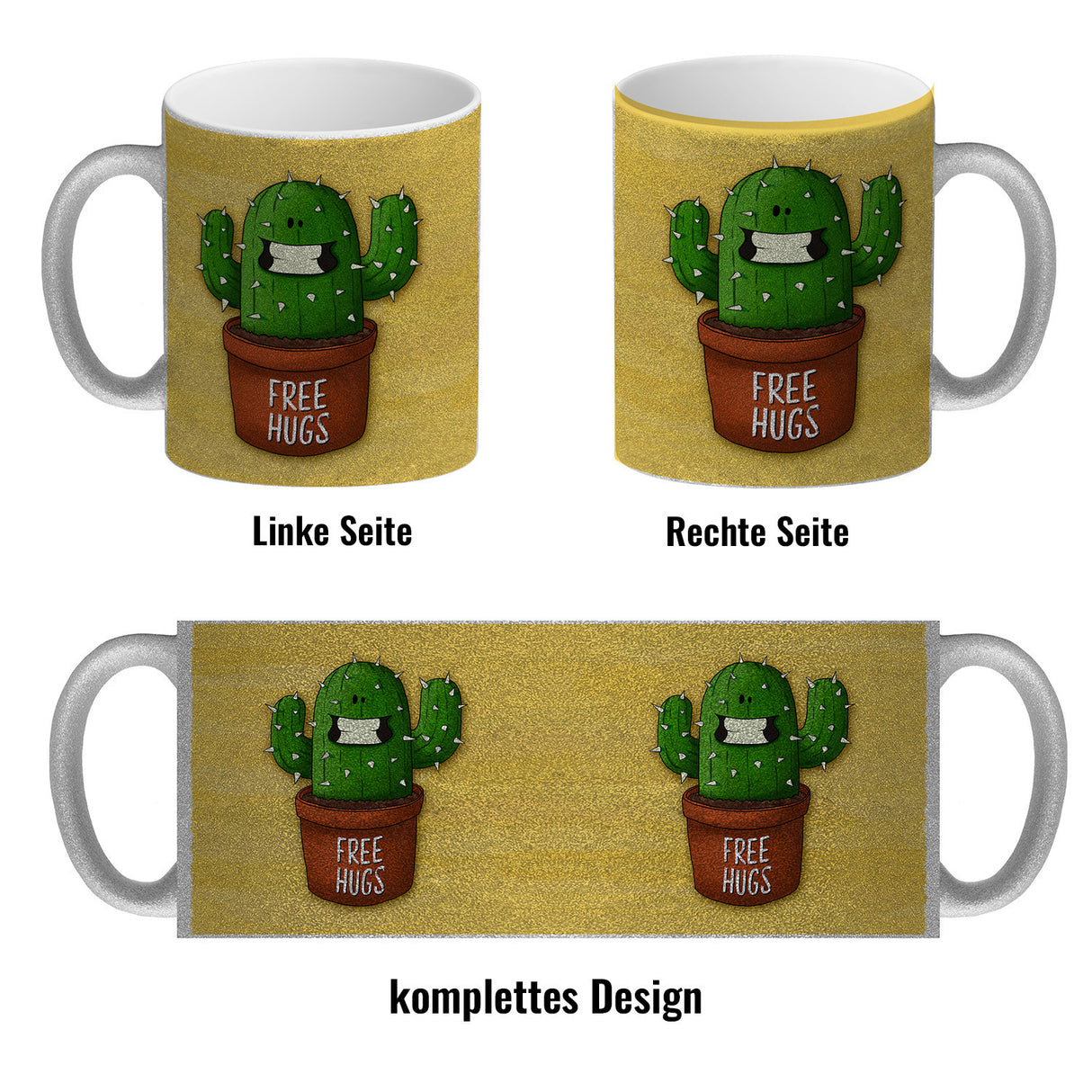 Kaffeebecher mit freundlicher Kaktus Motiv und Spruch: Free Hugs