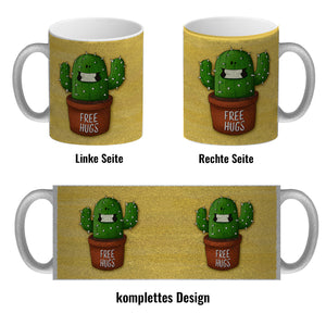 Kaffeebecher mit freundlicher Kaktus Motiv und Spruch: Free Hugs