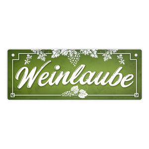 Wein Metallschild mit Weinreben Motiv und Spruch: Weinlaube