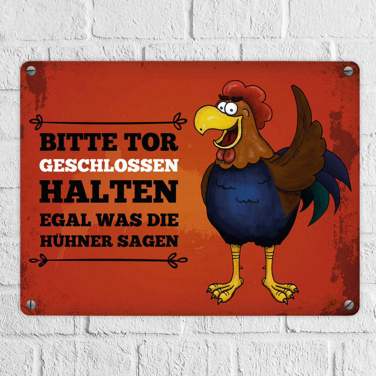 Bitte Tor geschlossen halten Metallschild mit Hahn Motiv - Huhn Hühnerstall Tür