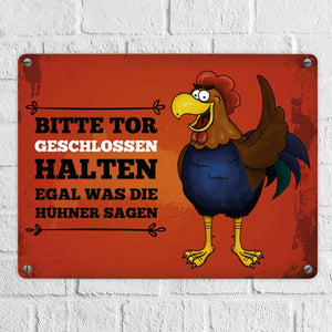 Bitte Tor geschlossen halten Metallschild mit Hahn Motiv - Huhn Hühnerstall Tür