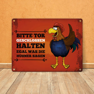 Bitte Tor geschlossen halten Metallschild mit Hahn Motiv - Huhn Hühnerstall Tür