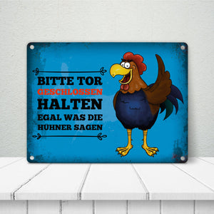 Bitte Tor geschlossen halten Metallschild mit Hahn Motiv - Huhn Hühnerstall Tür