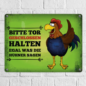 Bitte Tor geschlossen halten Metallschild mit Hahn Motiv - Huhn Hühnerstall Tür