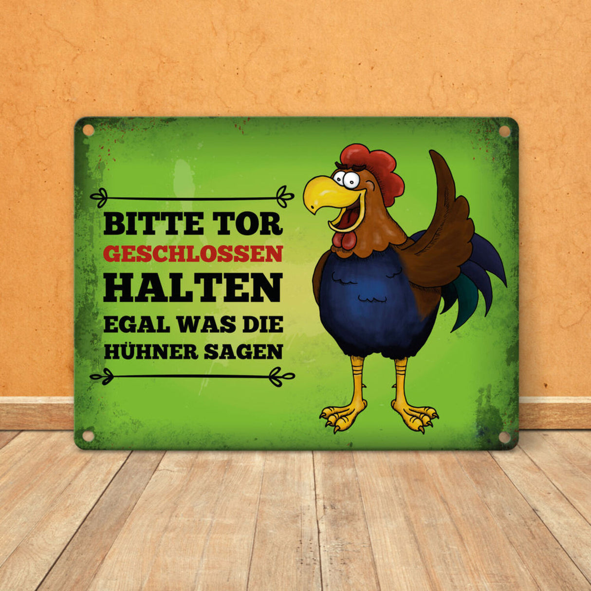 Bitte Tor geschlossen halten Metallschild mit Hahn Motiv - Huhn Hühnerstall Tür