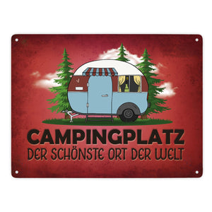 Campingplatz Metallschild mit Wohnwagen Motiv Wohnmobil Urlaub Hobby Natur Ort