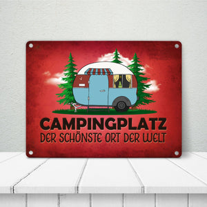 Campingplatz Metallschild mit Wohnwagen Motiv Wohnmobil Urlaub Hobby Natur Ort