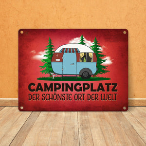 Campingplatz Metallschild mit Wohnwagen Motiv Wohnmobil Urlaub Hobby Natur Ort