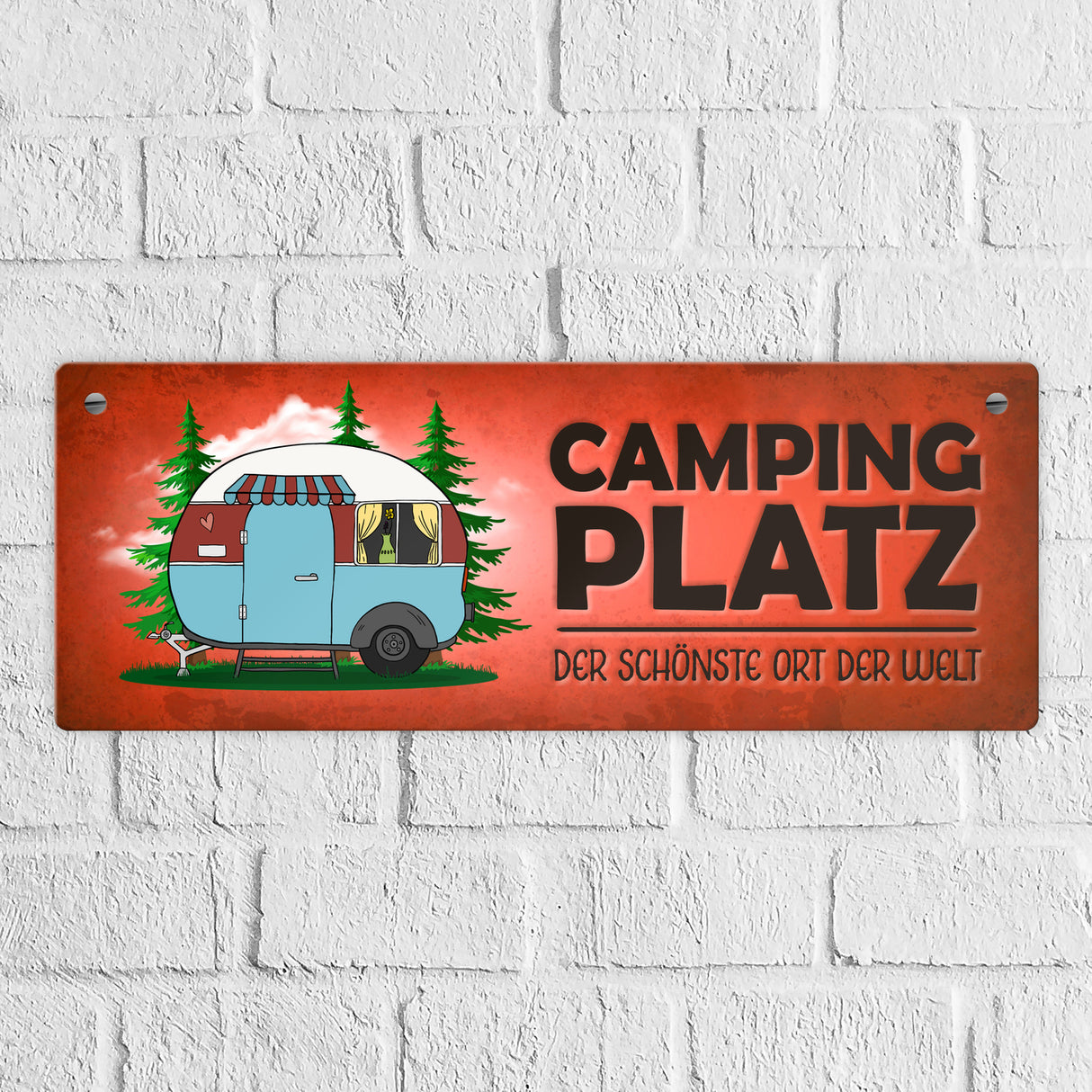 Campingplatz Metallschild schmal mit Wohnwagen Motiv Wohnmobil Urlaub Hobby Ort