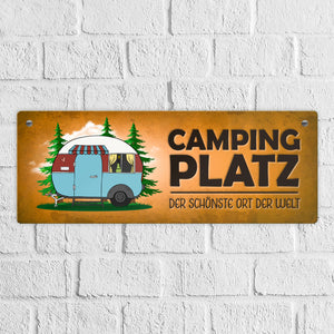 Campingplatz Metallschild schmal mit Wohnwagen Motiv Wohnmobil Urlaub Hobby Ort