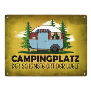 Campingplatz Metallschild mit Wohnwagen Motiv Wohnmobil Urlaub Hobby Natur Ort
