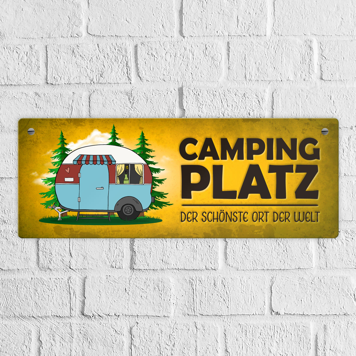 Campingplatz Metallschild schmal mit Wohnwagen Motiv Wohnmobil Urlaub Hobby Ort