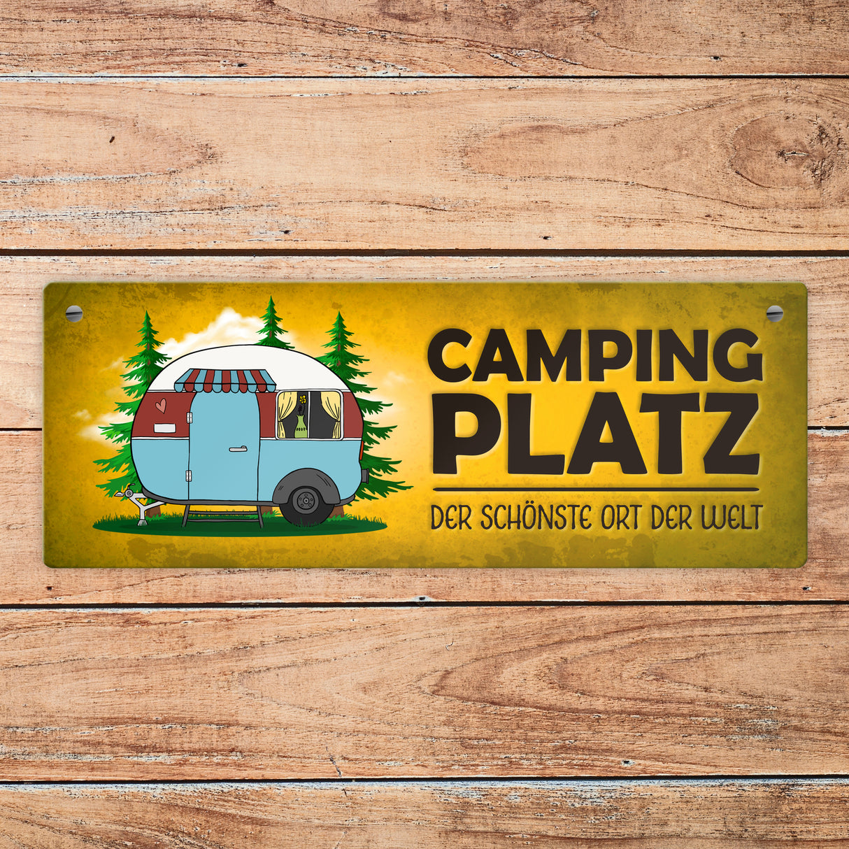 Campingplatz Metallschild schmal mit Wohnwagen Motiv Wohnmobil Urlaub Hobby Ort