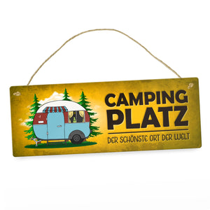 Campingplatz Metallschild schmal mit Wohnwagen Motiv Wohnmobil Urlaub Hobby Ort