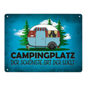 Campingplatz Metallschild mit Wohnwagen Motiv Wohnmobil Urlaub Hobby Natur Ort