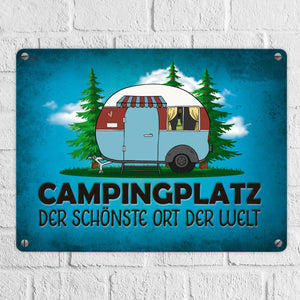 Campingplatz Metallschild mit Wohnwagen Motiv Wohnmobil Urlaub Hobby Natur Ort
