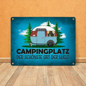 Campingplatz Metallschild mit Wohnwagen Motiv Wohnmobil Urlaub Hobby Natur Ort
