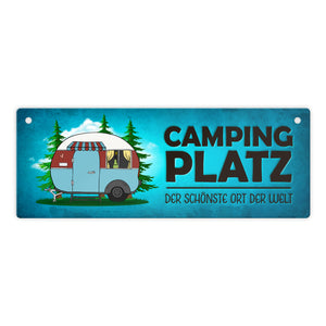 Campingplatz Metallschild schmal mit Wohnwagen Motiv Wohnmobil Urlaub Hobby Ort