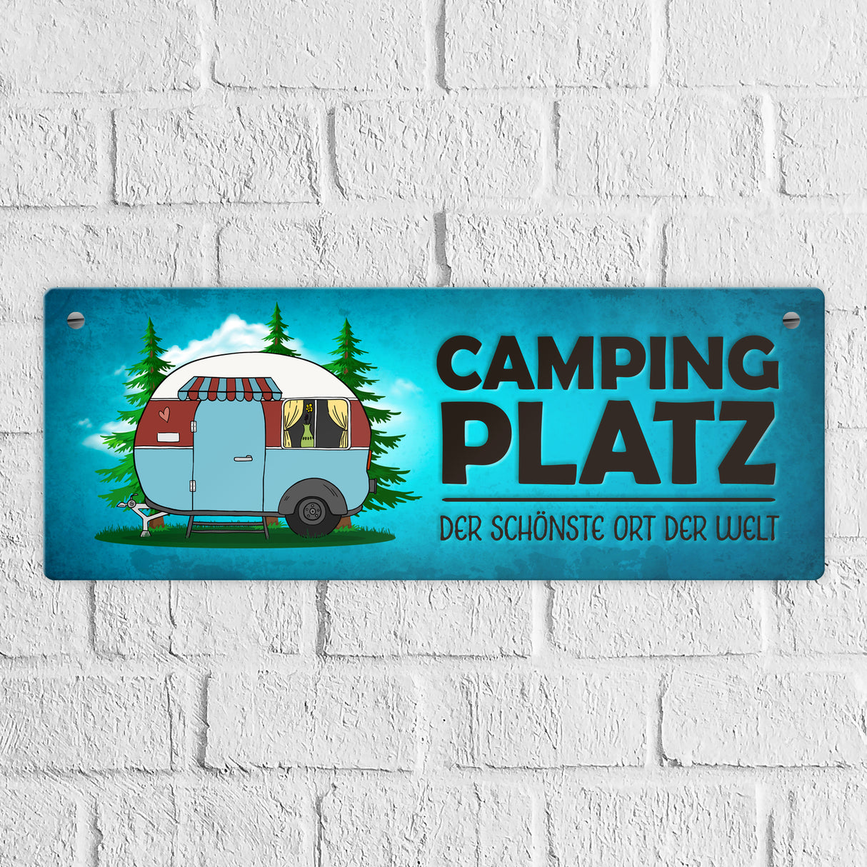 Campingplatz Metallschild schmal mit Wohnwagen Motiv Wohnmobil Urlaub Hobby Ort