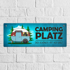 Campingplatz Metallschild schmal mit Wohnwagen Motiv Wohnmobil Urlaub Hobby Ort