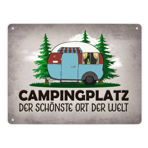 Campingplatz Metallschild mit Wohnwagen Motiv Wohnmobil Urlaub Hobby Natur Ort