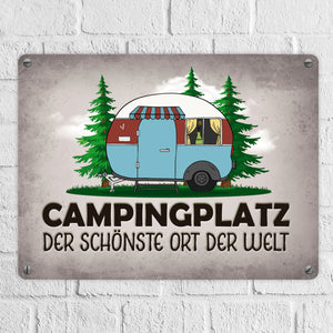 Campingplatz Metallschild mit Wohnwagen Motiv Wohnmobil Urlaub Hobby Natur Ort