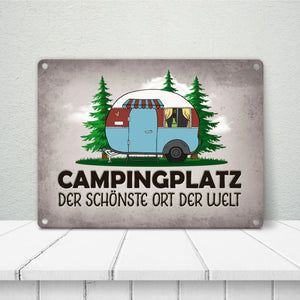 Campingplatz Metallschild mit Wohnwagen Motiv Wohnmobil Urlaub Hobby Natur Ort
