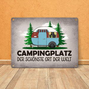 Campingplatz Metallschild mit Wohnwagen Motiv Wohnmobil Urlaub Hobby Natur Ort