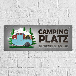 Campingplatz Metallschild schmal mit Wohnwagen Motiv Wohnmobil Urlaub Hobby Ort