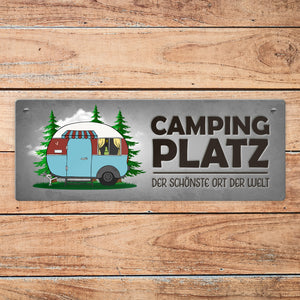 Campingplatz Metallschild schmal mit Wohnwagen Motiv Wohnmobil Urlaub Hobby Ort