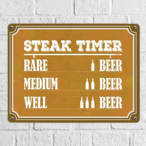 Steak Timer Metallschild Bier Grill grillen Fleisch Feier Freunde Hobby Rare Medium Well Done English