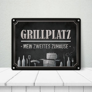 Grillplatz mein zweites Zuhause Metallschild Grill grillen Fleisch Bier Wurst Hobby Freunde