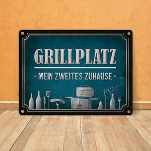 Grillplatz mein zweites Zuhause Metallschild Grill grillen Fleisch Bier Wurst Hobby Freunde